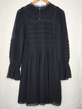 Ted Baker London Black Long-Sleeve Pleated Midi Dress with Pintuck Detail